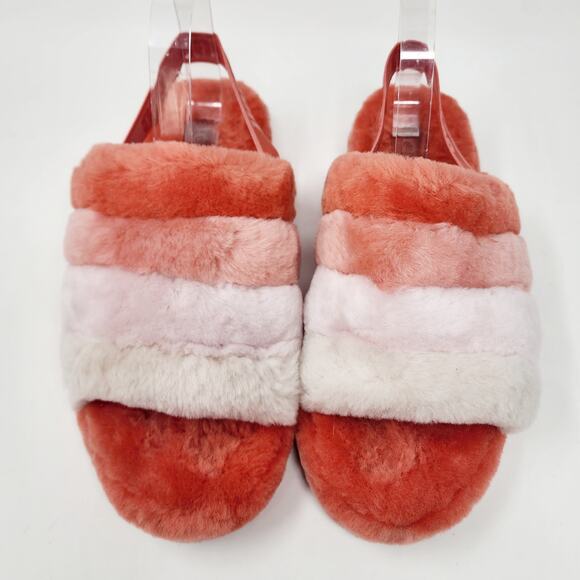 UGG Sheepskin Slides Women 11 Fluff Yeah Pink Peach Ombre Stripe Comfort Slipper - Picture 4 of 12
